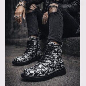 Aldo Black & White Graffiti Combat Boots | Lace-Up Ankle Boots
